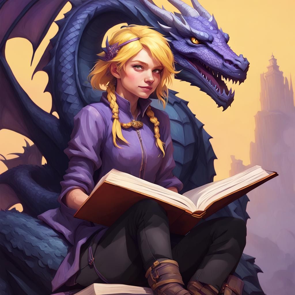 Girl and Dragon Reading, Detailed Fantasy Art