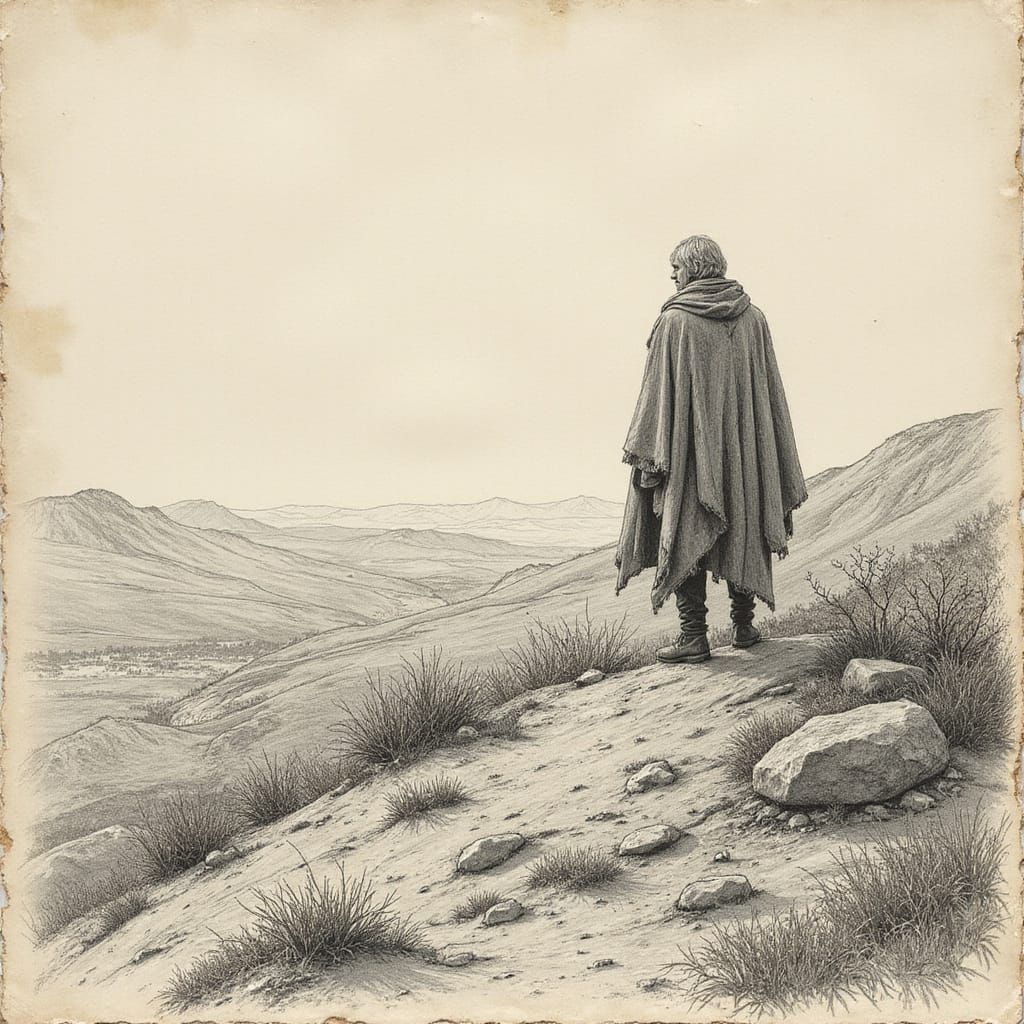 Mystical Wanderer Amidst Rugged Terrain