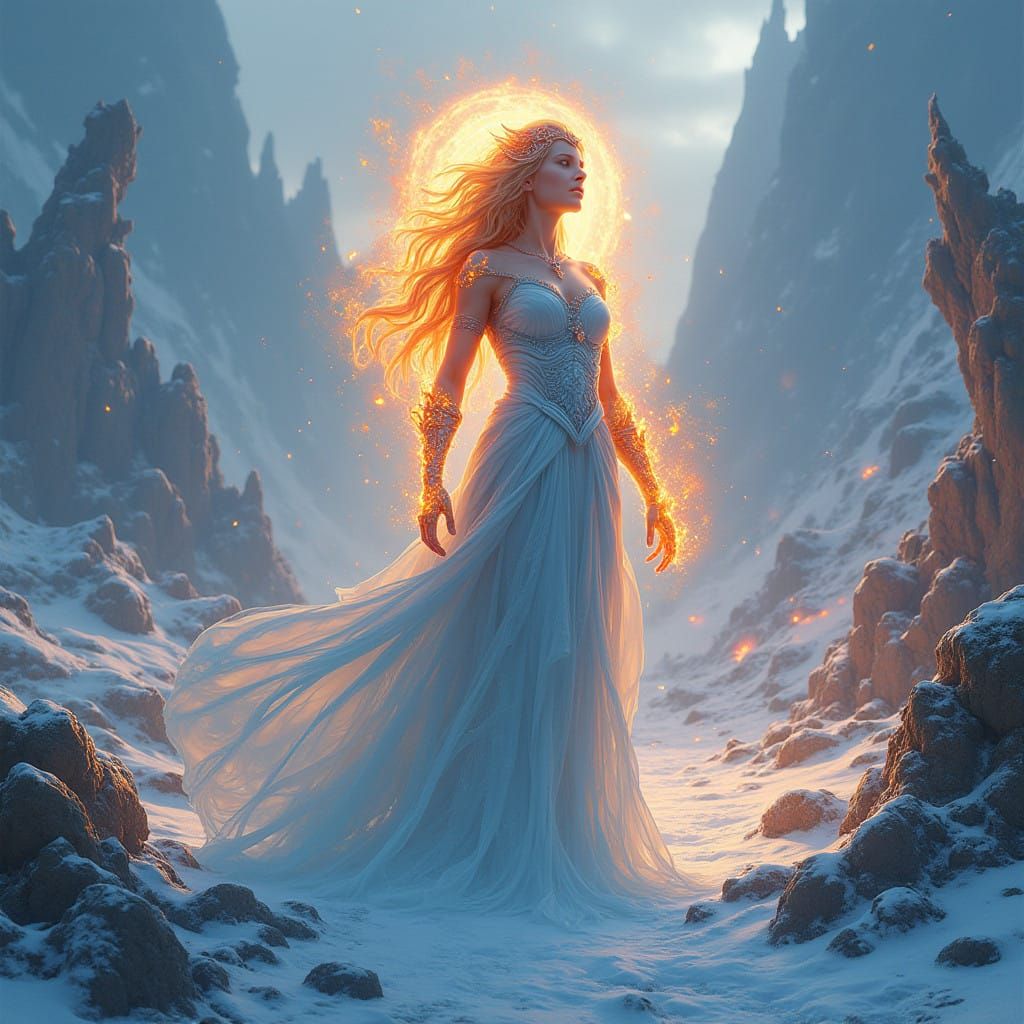 Goddess of Fire and Ice: Ethereal Warrior in Frostbitten Rea...