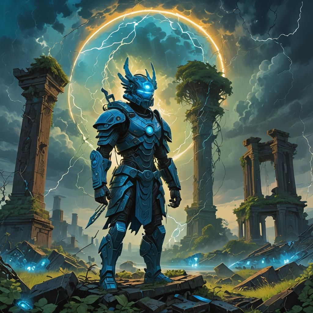 Ethereal Warrior in Stormy Ruins: A Surreal Vision