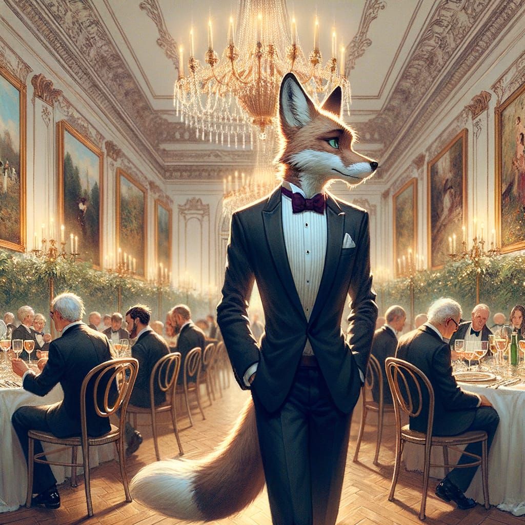 Anthropomorphic Fox in Tuxedo at Elegant Dinner Party