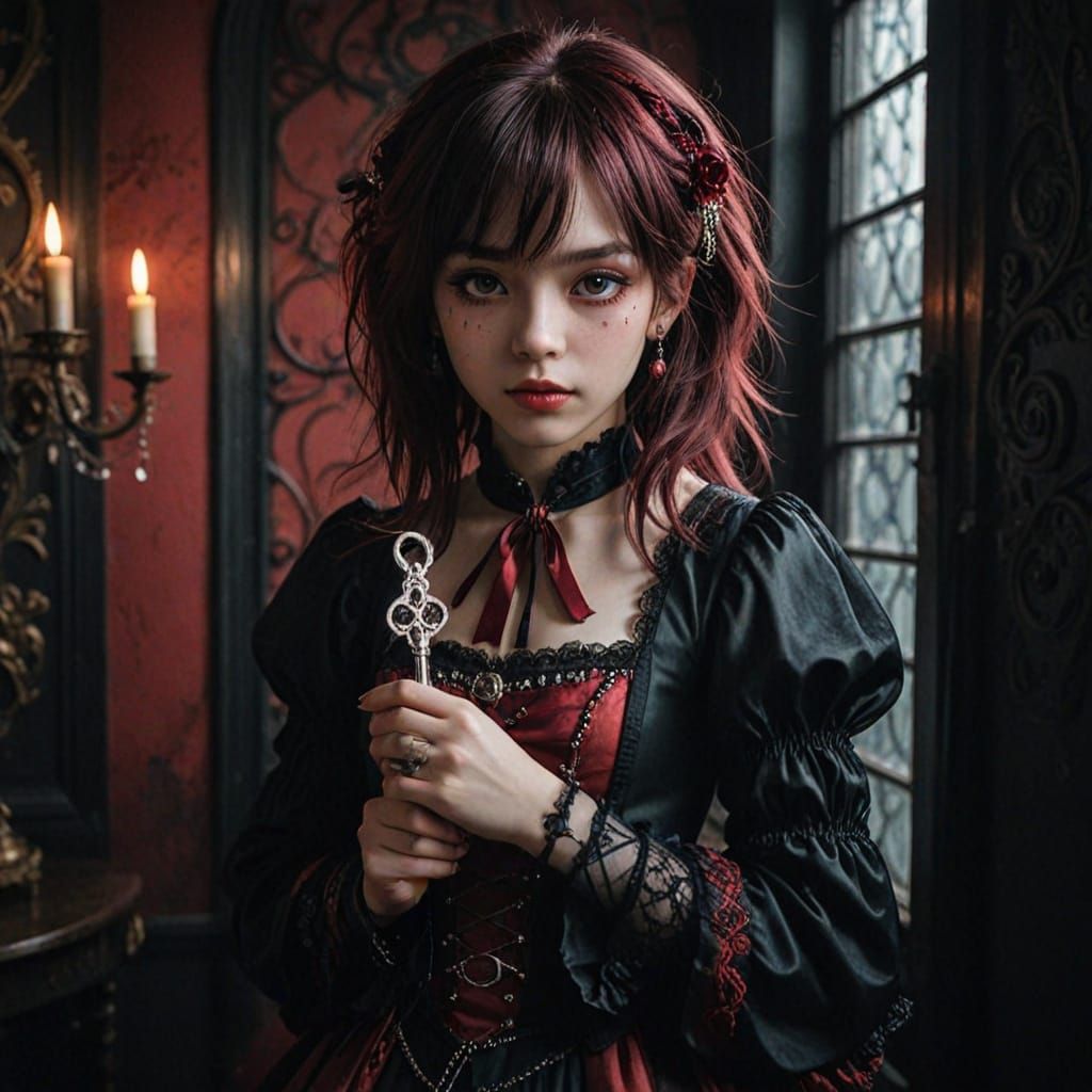 Gothic Anime Goddess Poses with Key in Vintage Cranberrycore...