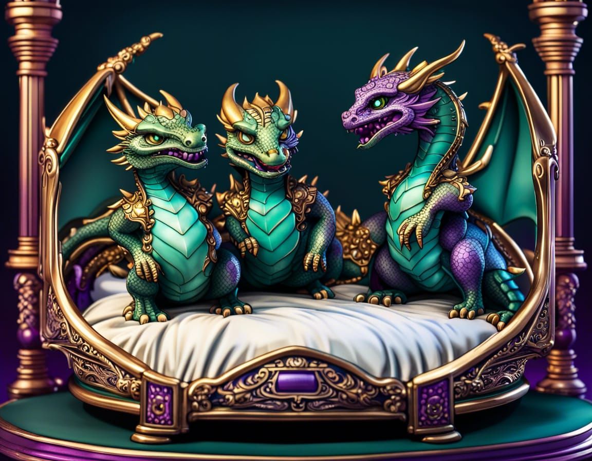 Chibi Dragons Play on Brass Bed in Neon Style