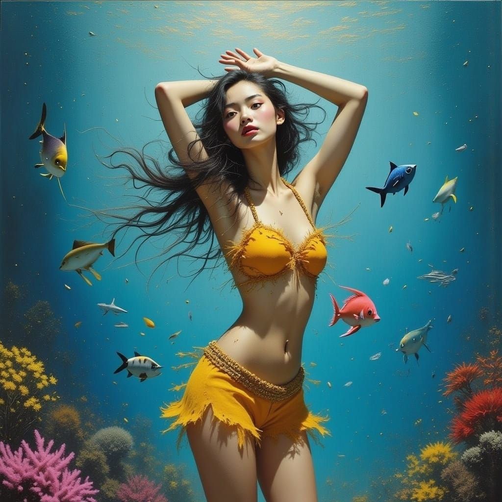 Ethereal Underwater Beauty in Vibrant Bikinis with Coral and...