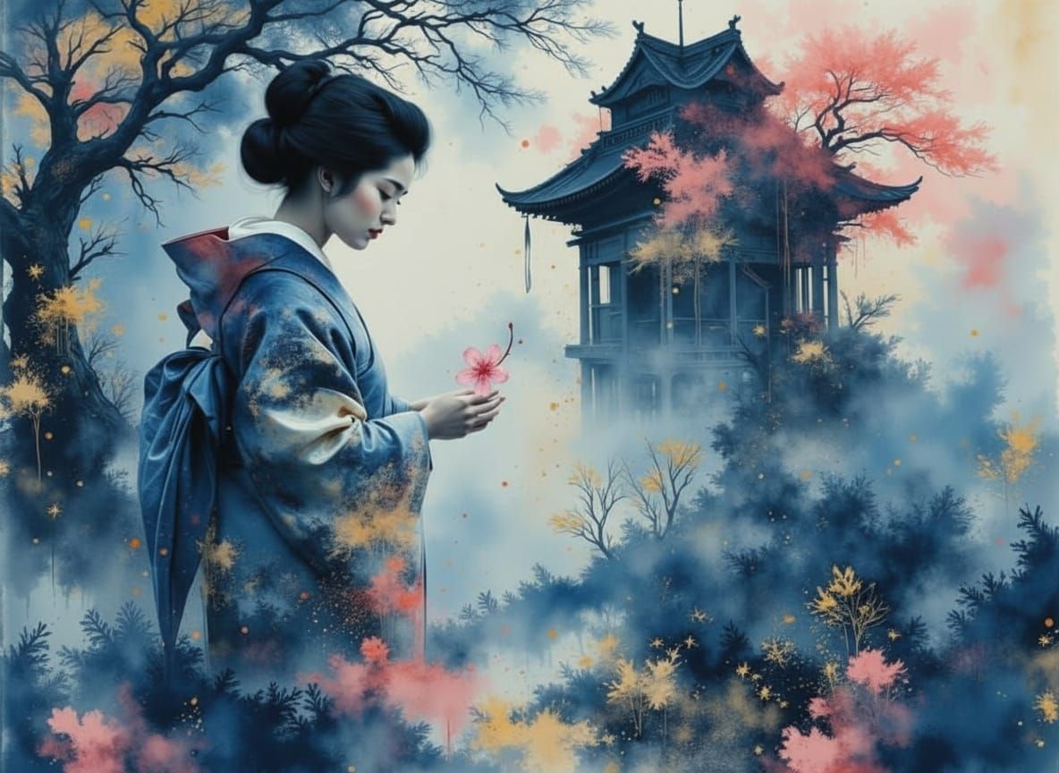 Elegant Geisha With Magical Kingdom Double Exposure