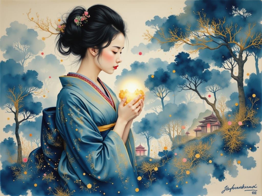 Elegant Geisha With Magical Kingdom Kimono