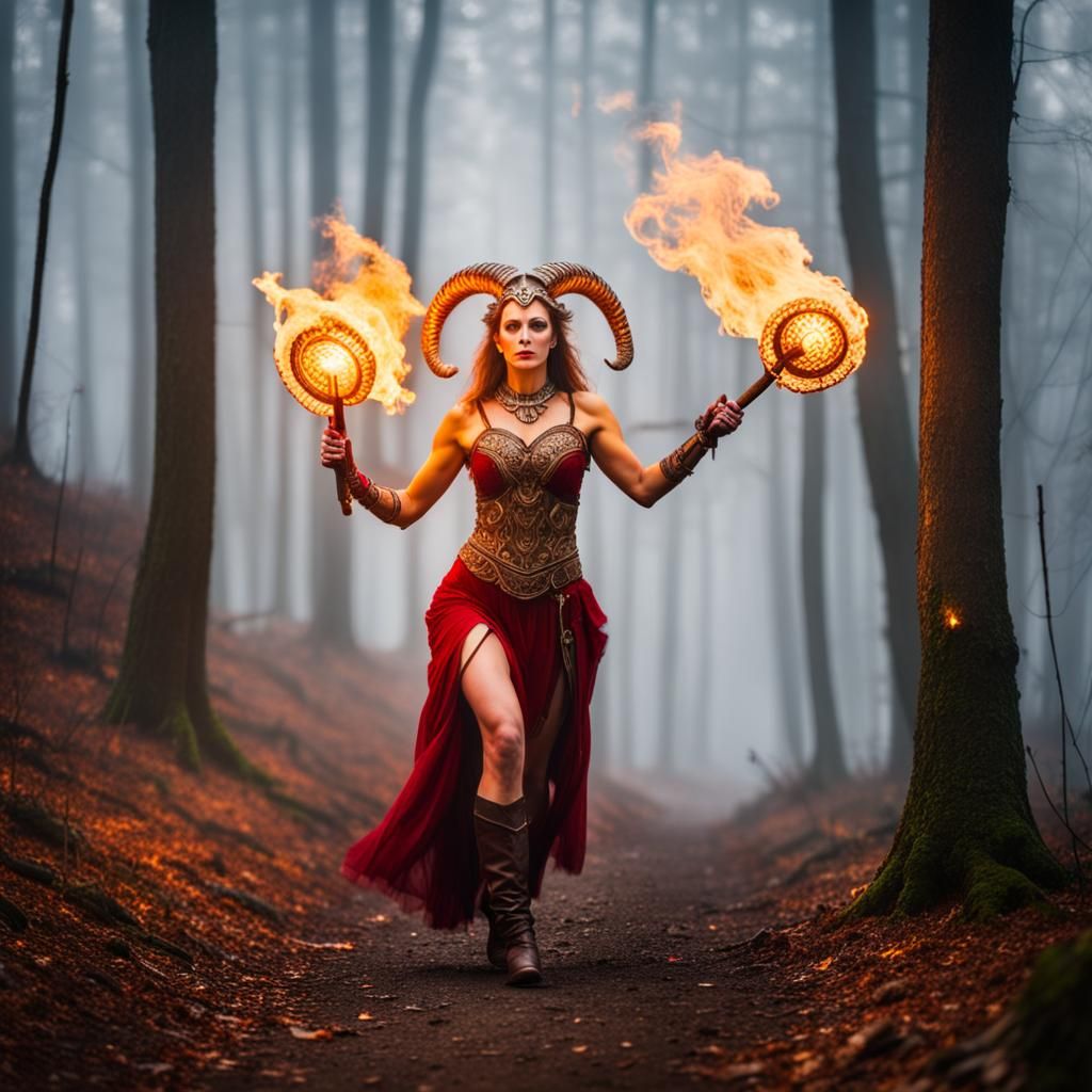 Aries Woman with Fire Powers in Foggy Woods