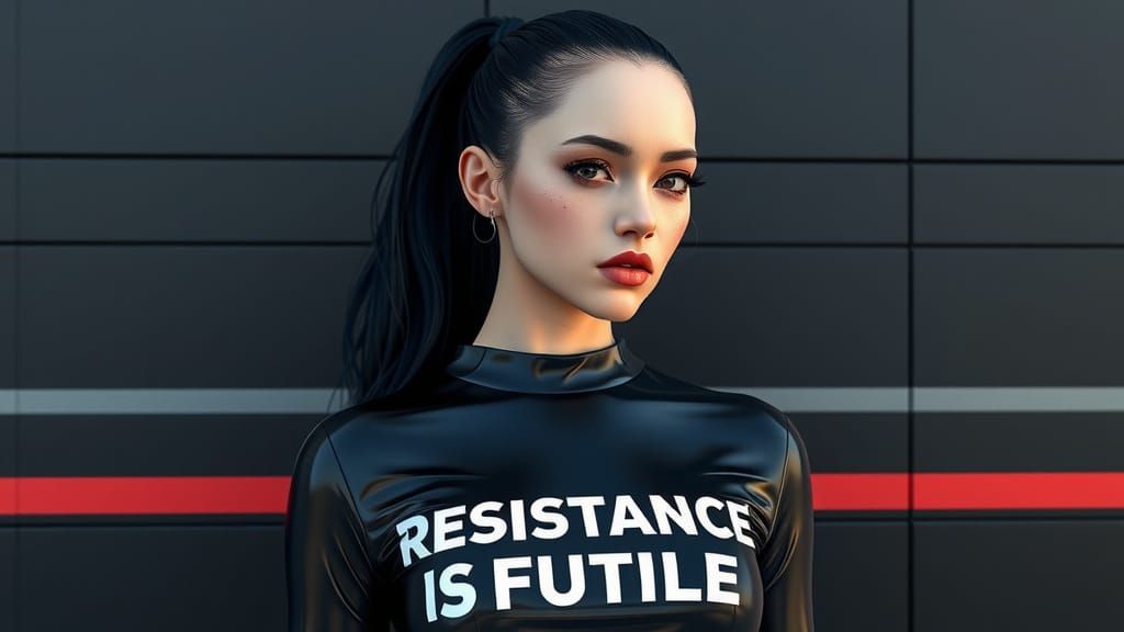 Young Woman in Futuristic Attire with Bold Typography