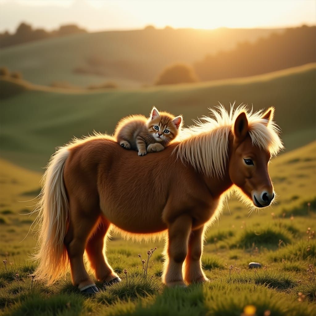 Kitten and Shetland Pony in Cozy, Warm Sunlight