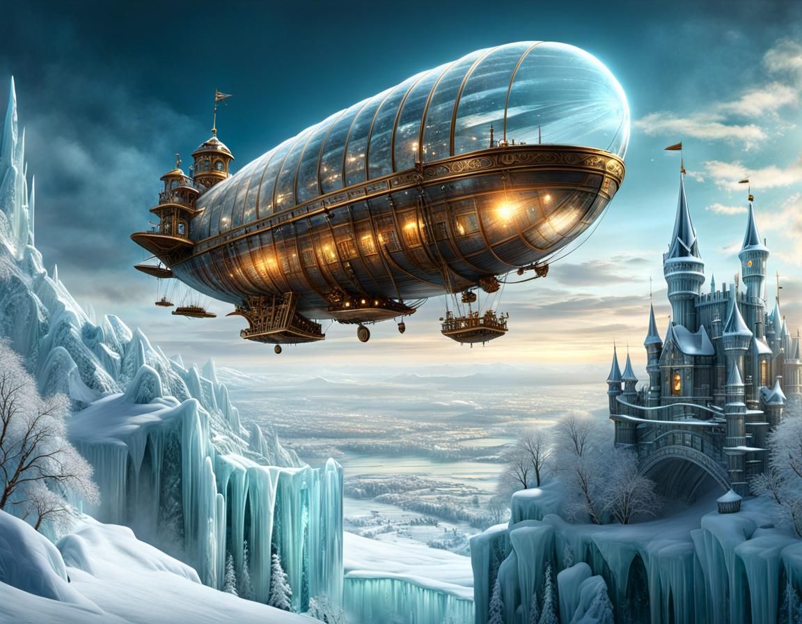 Steampunk Airship Over Glass Ice Castle in Winter