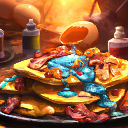 Blueberry Pancakes and Bacon Still Life as Oil Painting