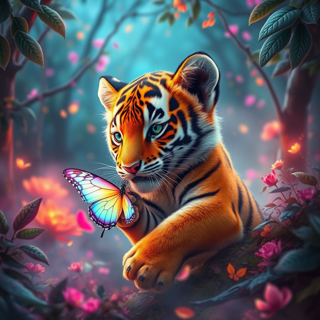 Baby Tiger Grabbing Butterfly in Lush Fantasy Forest