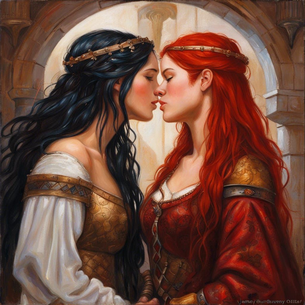 Medieval Fantasy: Two Princesses Kissing in Oil
