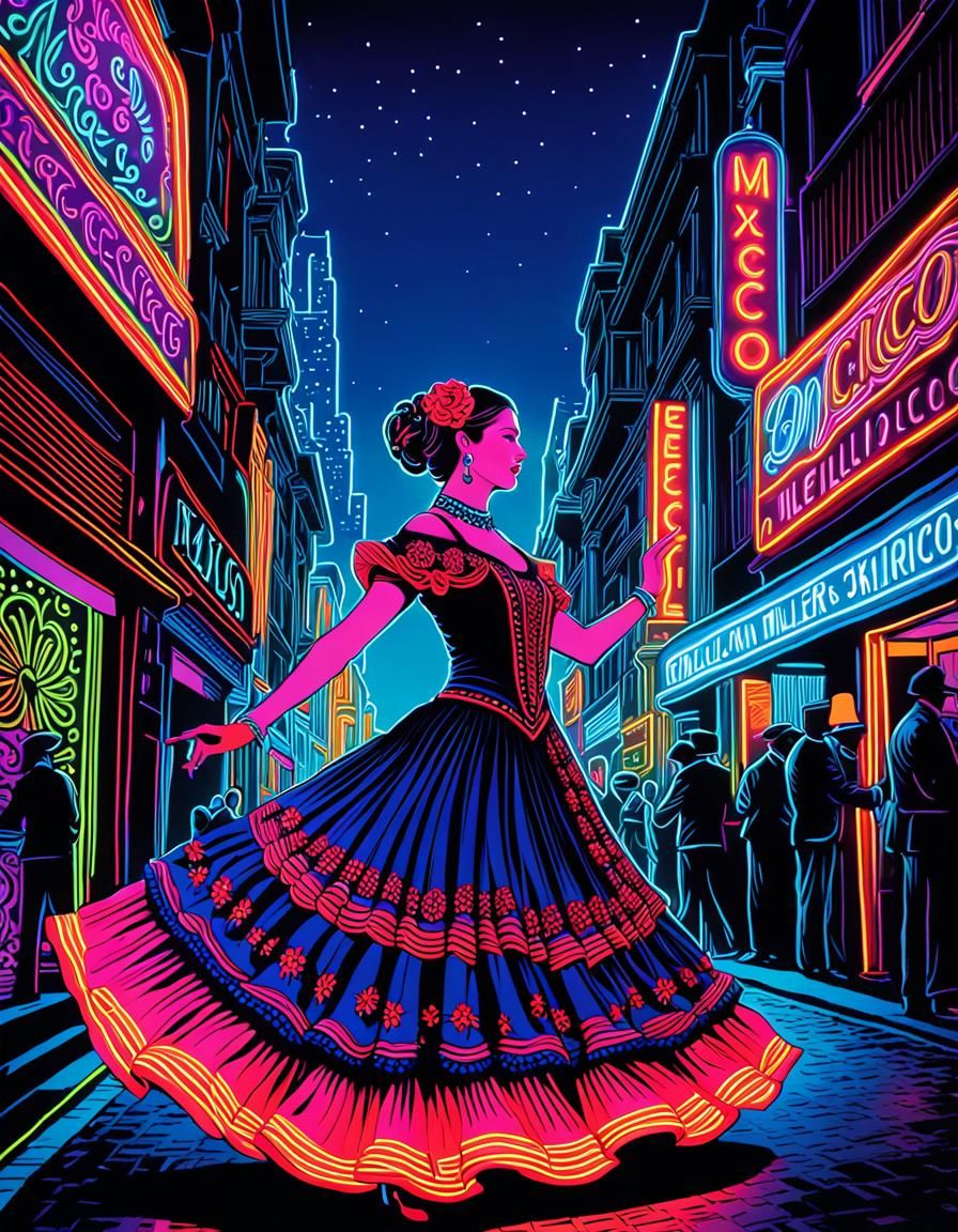 Flamenco Dancer in Mexico City Neon Illustration