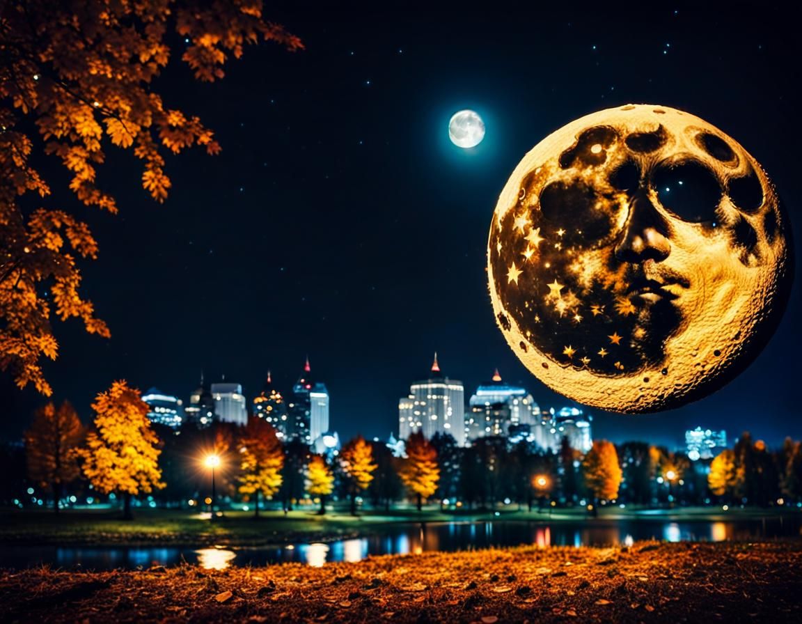 Steampunk Autumn Park Under a Large Moon
