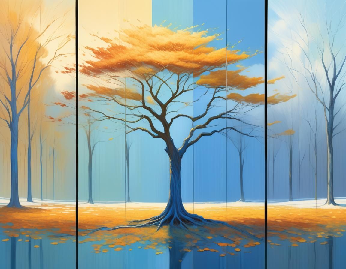 Four Seasons Tree in Impressionistic Landscape