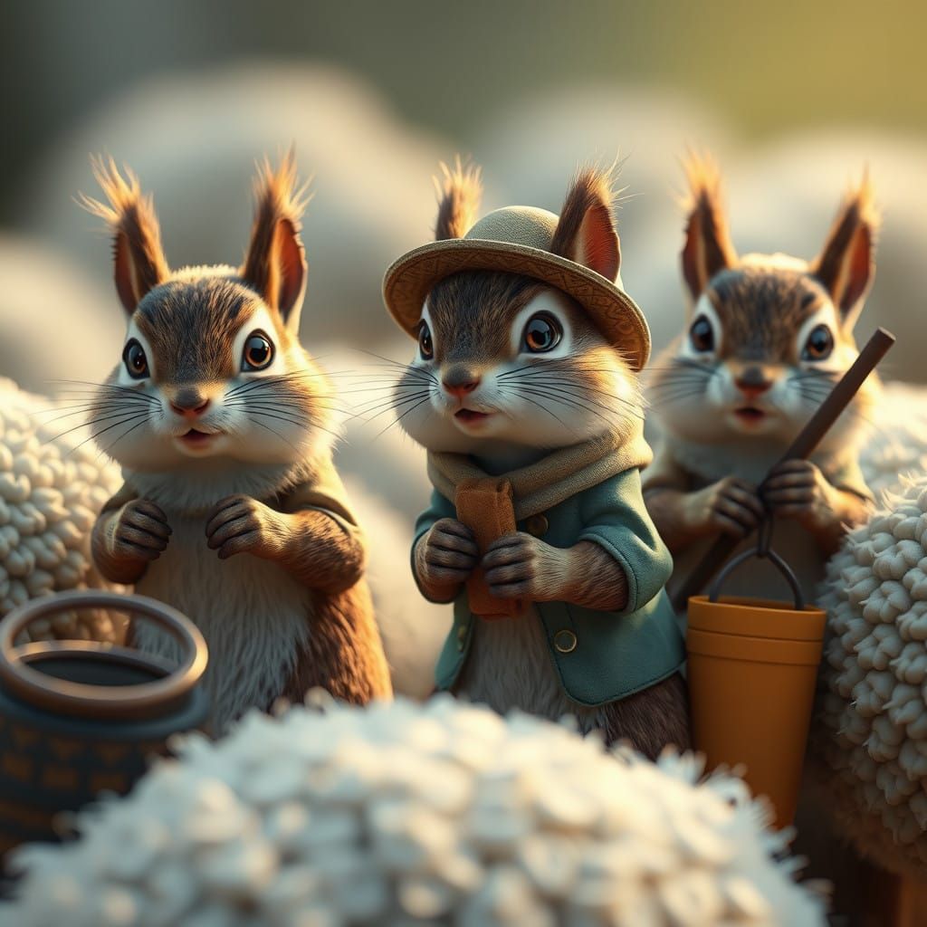 Cute Anime Squirrels as Sheep Herders in Cinematic 3D Art