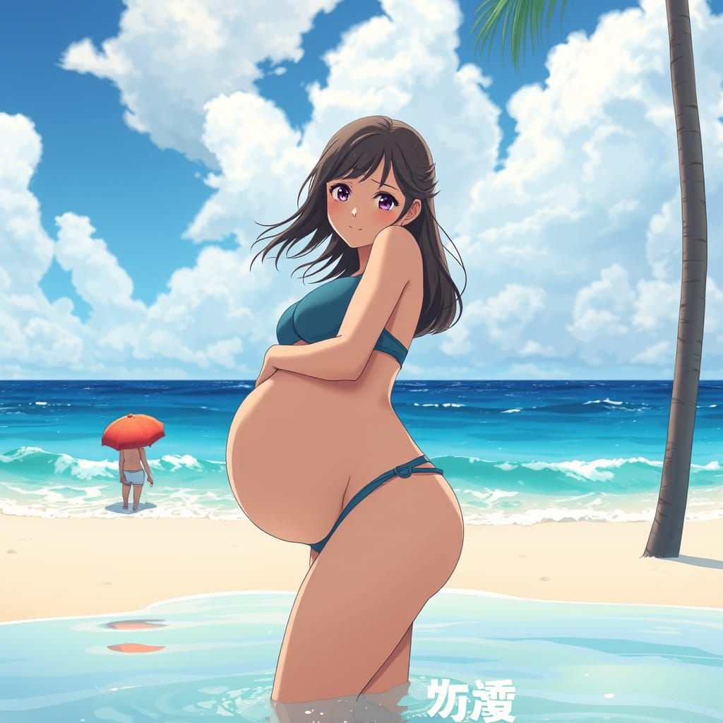 Pregnant Anime Woman on Beach in Ghibli Style
