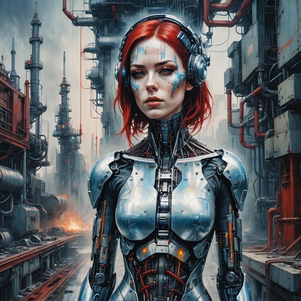 Cyborg Girl Portrait in Dreamcore Factory Setting