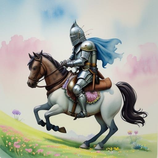 Whimsical Knight Balancing Teacup on Fluffy Pony