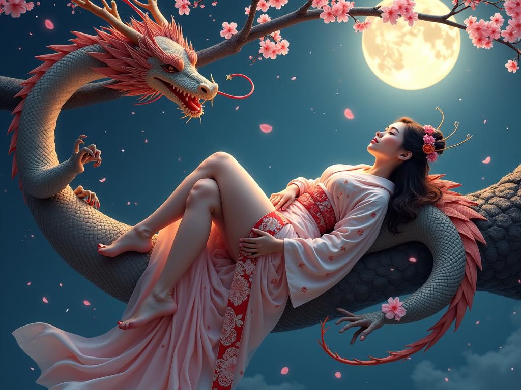 Japanese Woman on Dragon in Fantasy Blossom Scene