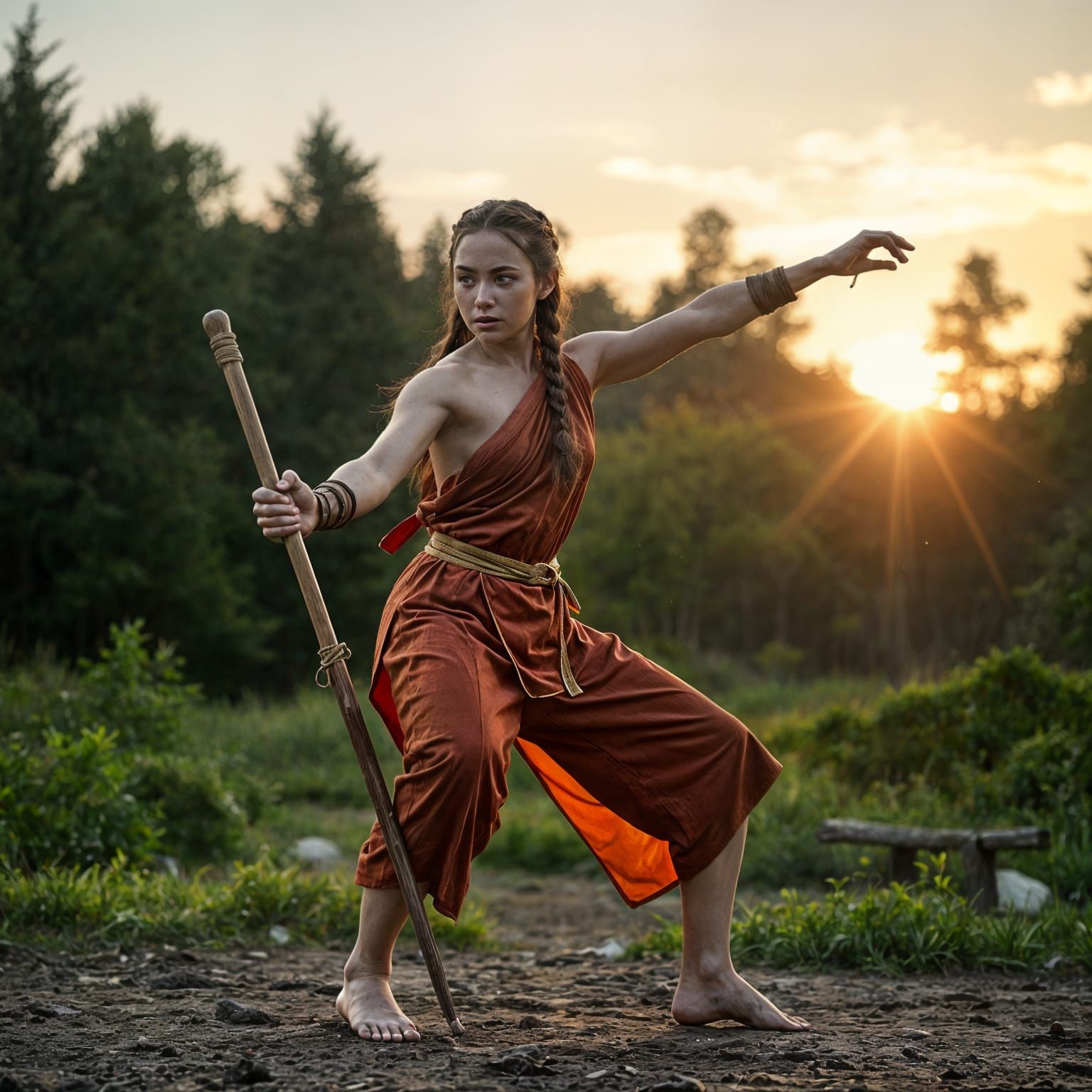 Athletic Elf Monk Training Quarterstaff at Sunset