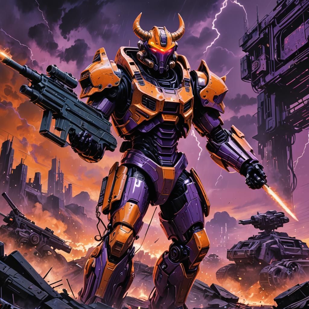 Cyberpunk Centaur in Power Armor on Battlefield