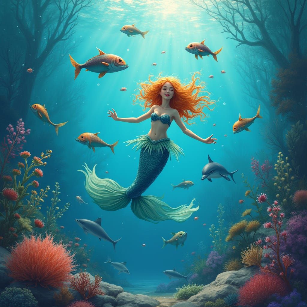 Mermaids in Vibrant Ocean Scene with Exotic Fish and Dolphin