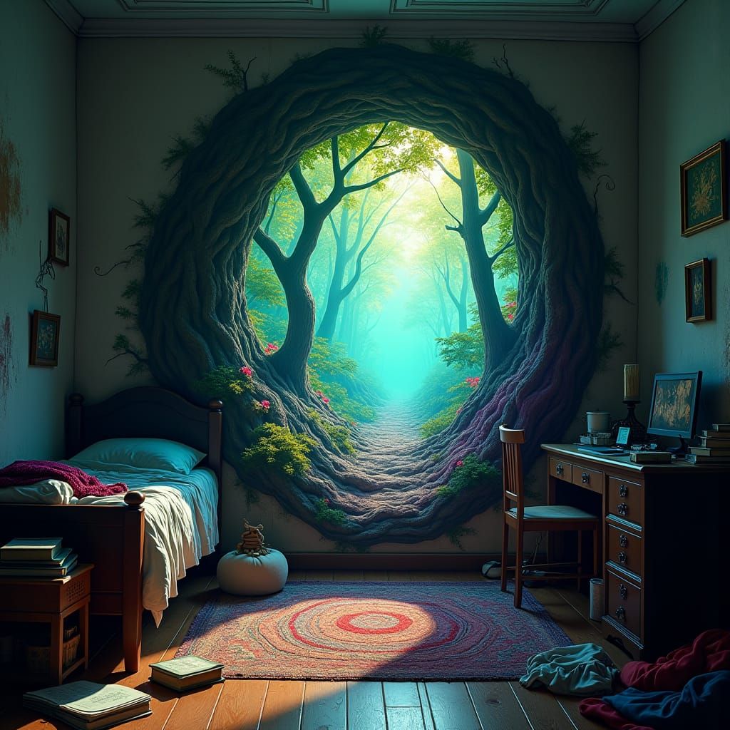 Mystical Forest Portal in a Cluttered Bedroom
