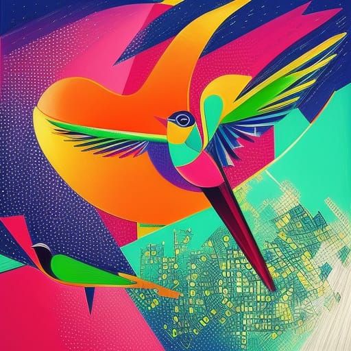 Cubist Birds in Flight: Geometric Art Deco Painting