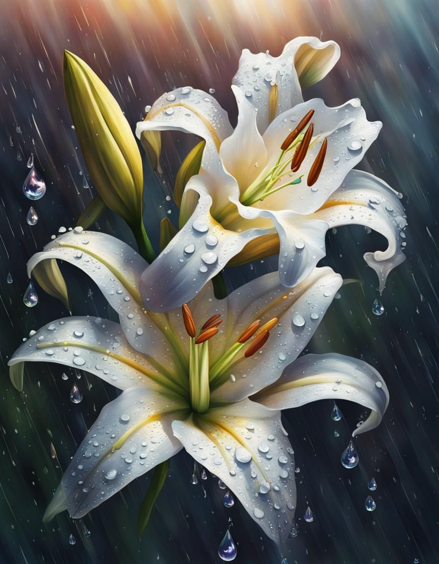 White Lily in Rain: Hyperrealistic Splash Art