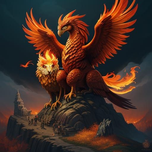 Griffin Family and Phoenix in Autumn Forest