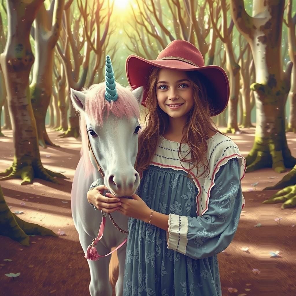 Girl and Unicorn in Dreamy Watercolor Style