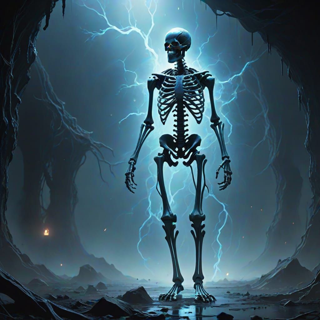 Eerie Skeletal Figure with Glowing Blue Translucent Skin