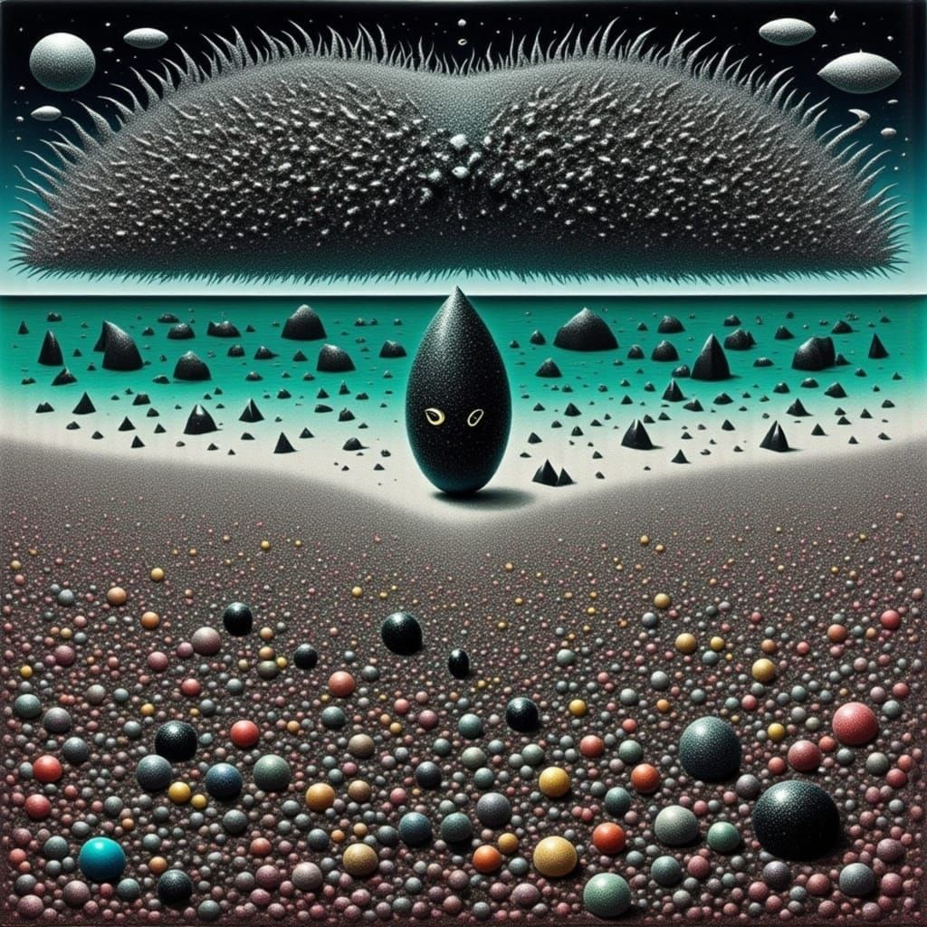 Surreal Beach Scene with Glittering Alien Artifacts in a Hie...