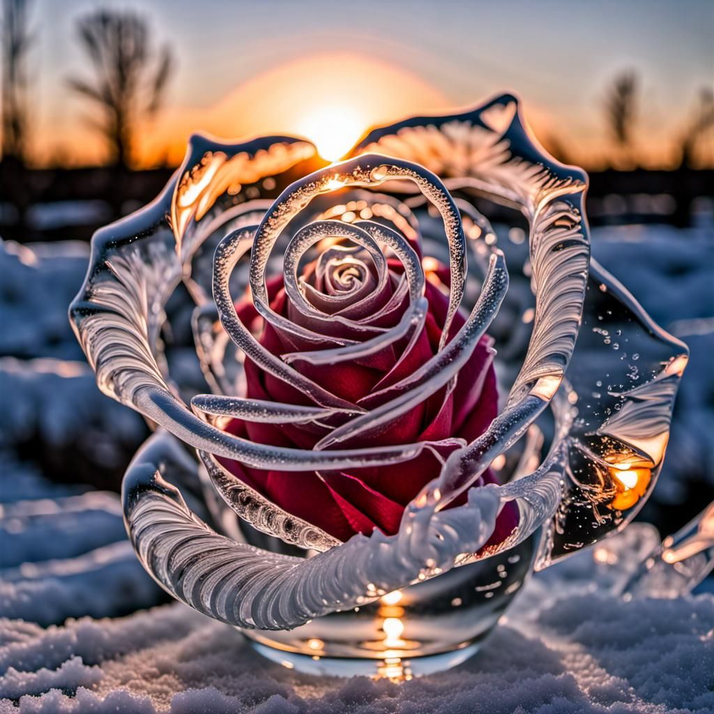 Intricate Ice Sculpture of a Rose Flower