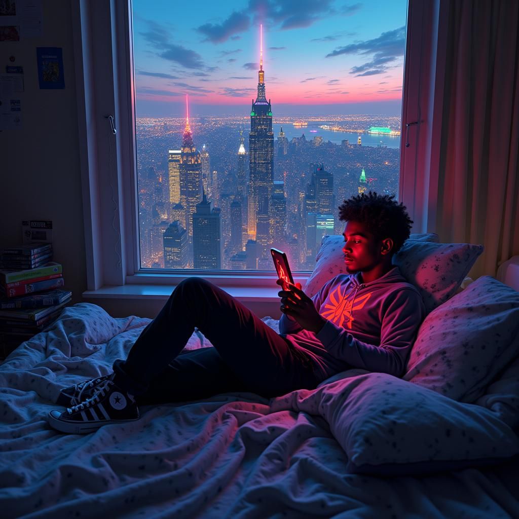 Miles Morales Relaxing Amidst Astral New York, Digital Art