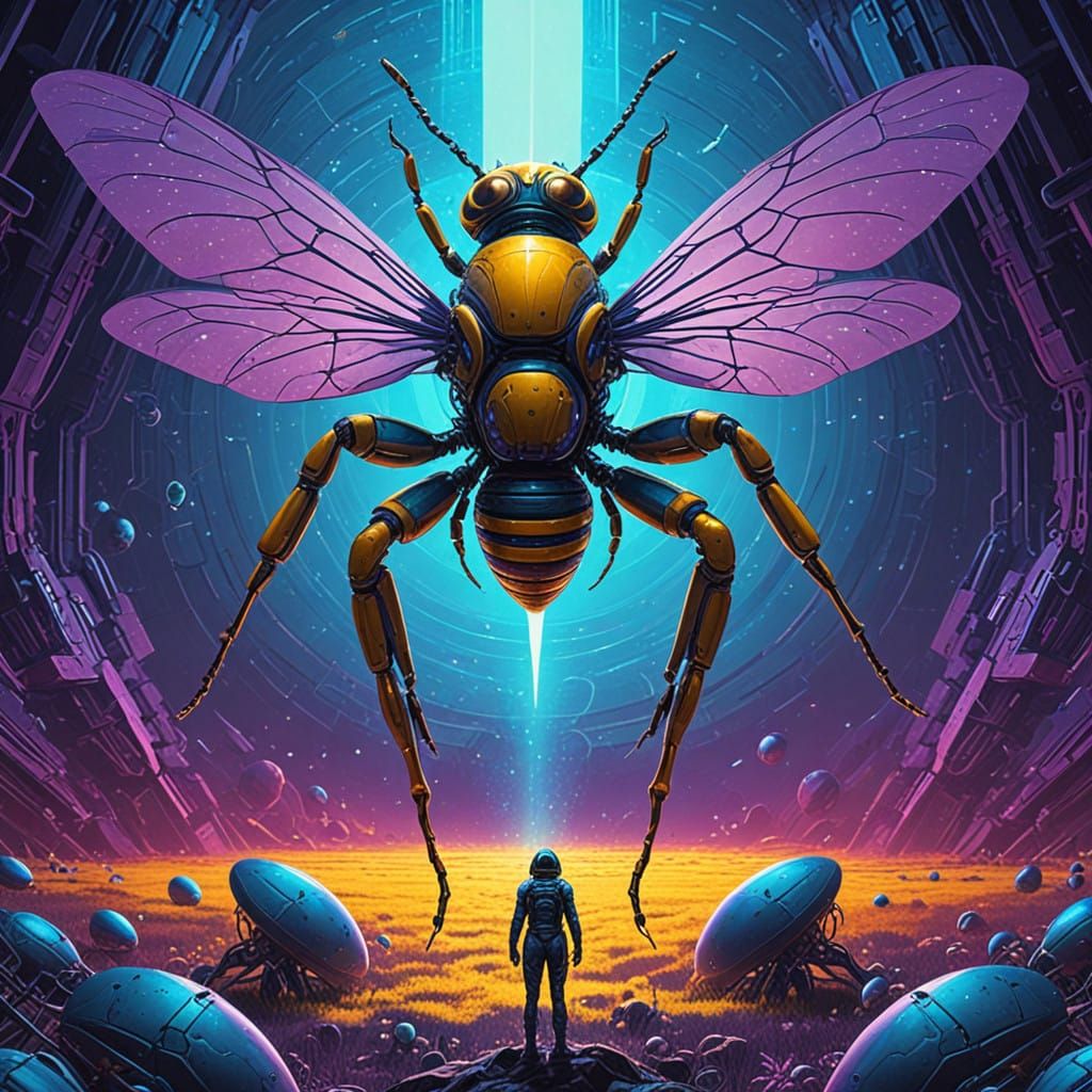 Mecha Queen Bee Evolves in Swirling Vortex of Iridescent Col...