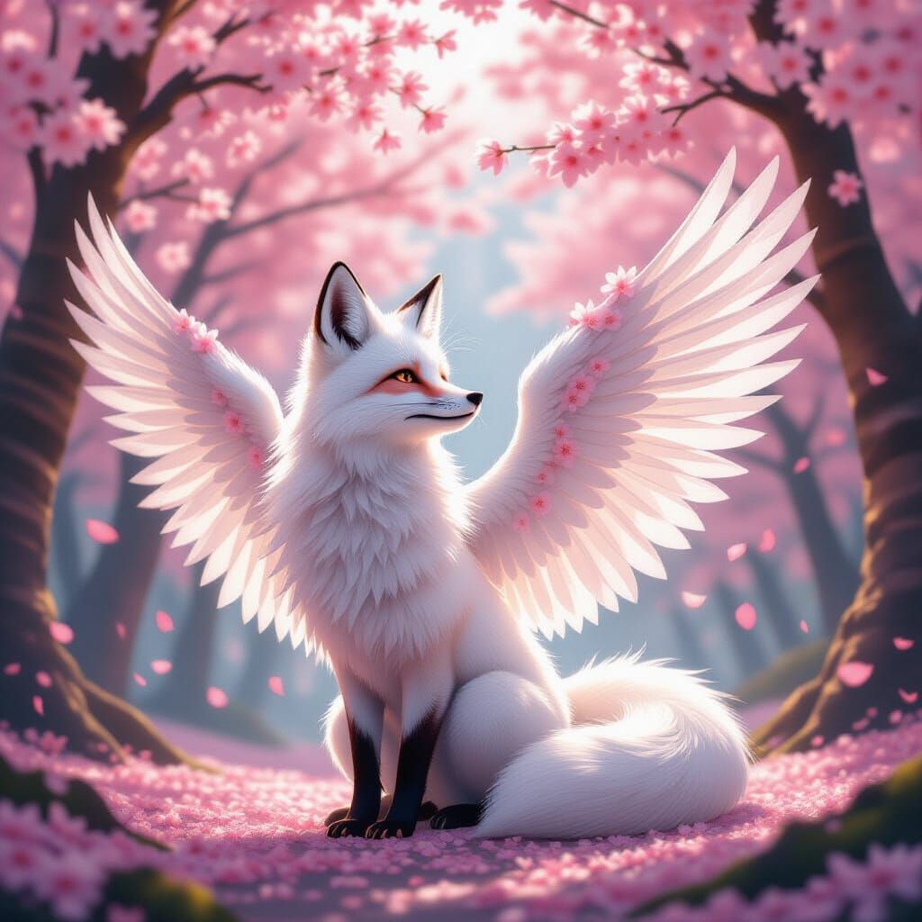 Mystical Fox with Angel Wings in Cherry Blossom Forest
