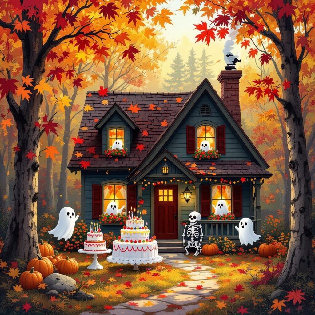 Autumn Cabin Birthday with Ghosts and Skeletons