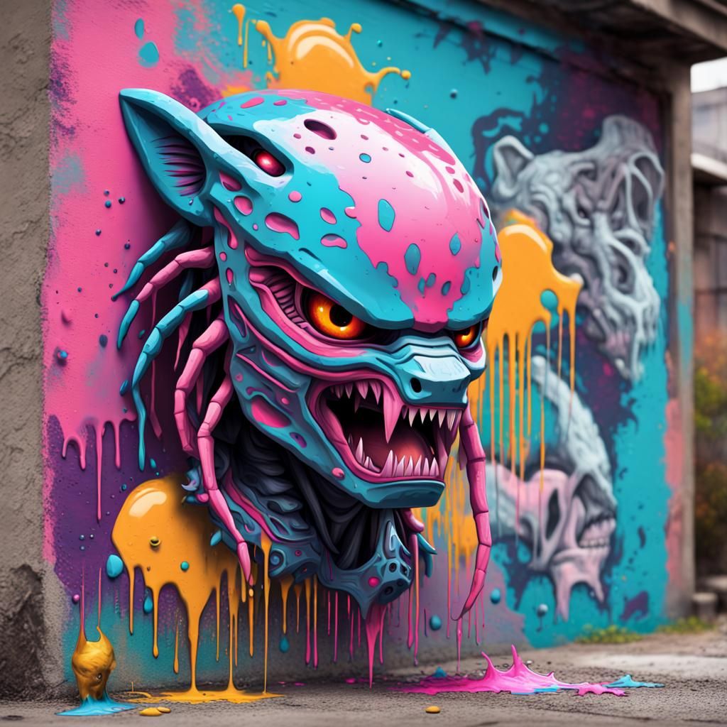 Cute Predator and Xenomorph in Vaporwave Graffiti Style