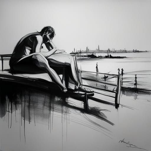 Monochrome Ink Landscape Drawing with Charcoal