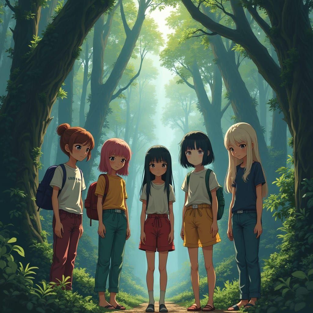 Anime Girls in Forest Landscape