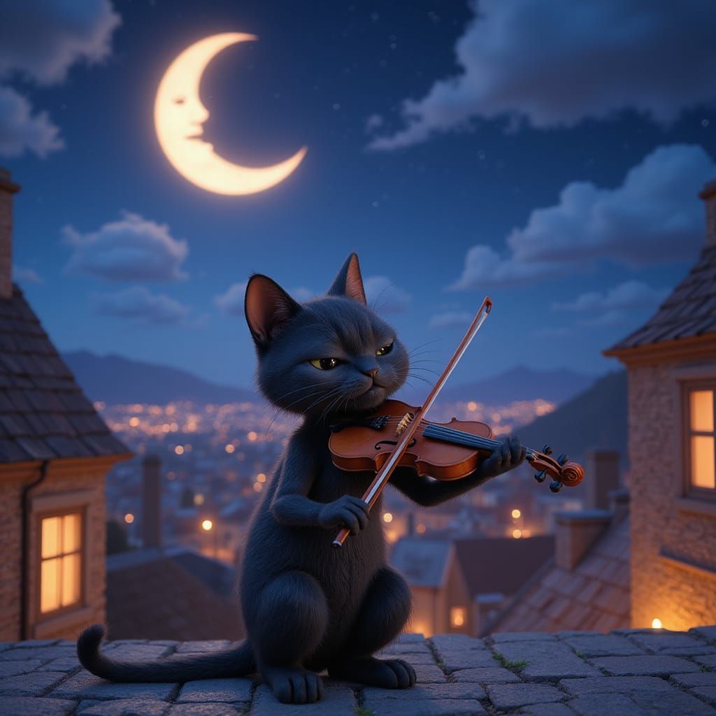 Feline Virtuoso Under Crescent Moonlight