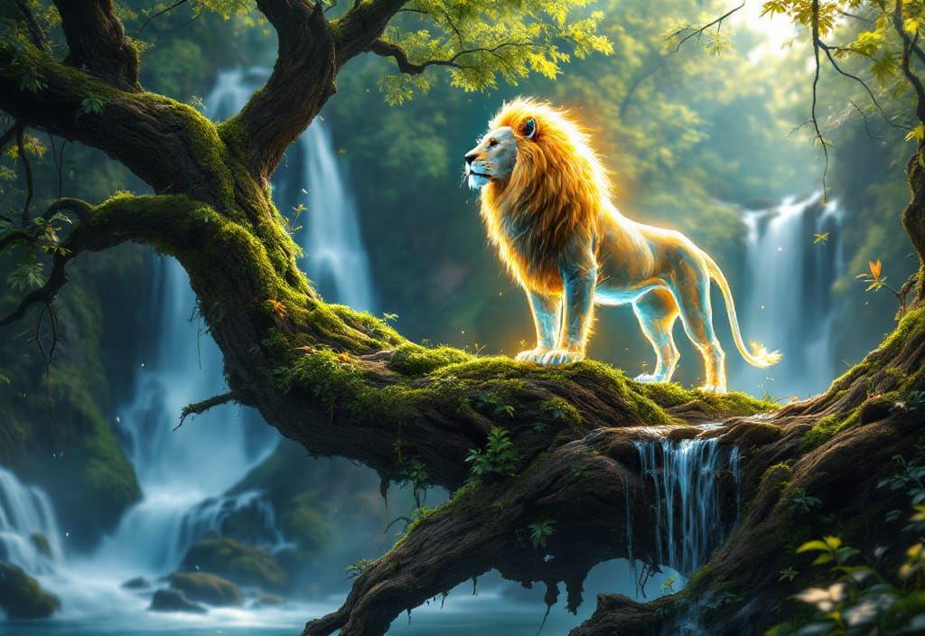Transparent Lion Under Moss Bridge: Fantasy Concept Art