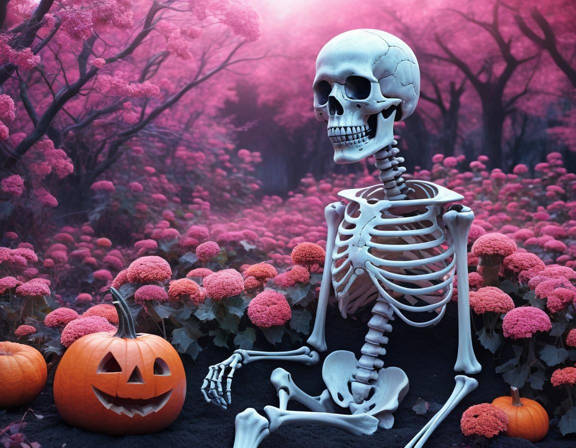 Ethereal Pink Halloween Skeleton and Pumpkin Art