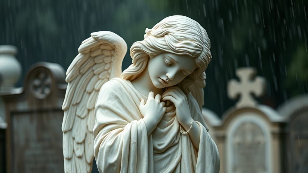 Sorrowful Angel Statue in Cemetery, Digital Painting