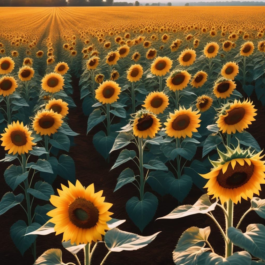 Sunset Over a Realistic Sunflower Field