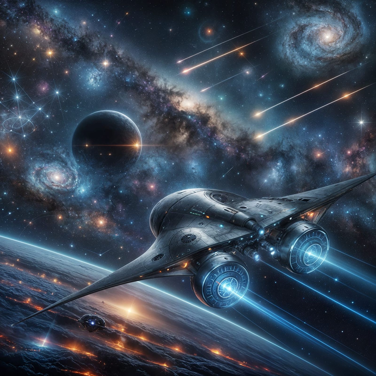 Sleek Spaceship Glides Through Colorful Cosmos