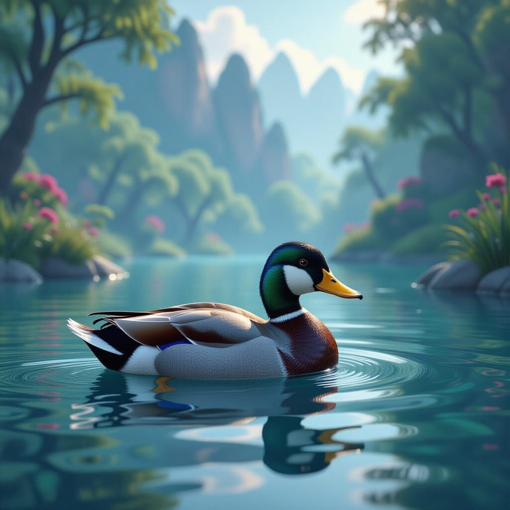 Mallard Duck in Fantastical Pond Landscape